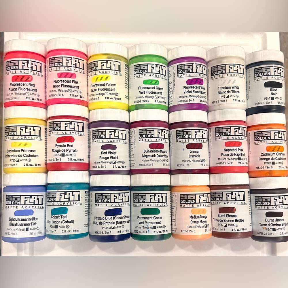 Lot of 21 Golden SoFlat Matte Acrylic 2 oz Paint Jars-Swapping is Available